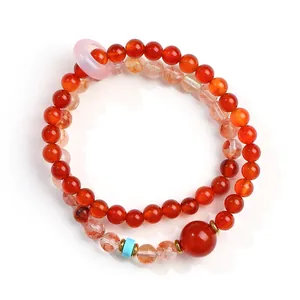 Pulsera multicapa de ágata roja natural y cuarzo fresa para mujer joyería elegante