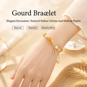 Bracciale Artigianale in Citrina e Perle d'Acqua Dolce per Donna Con Ciondolo a Zucca in Strass Gioielli Vintage con Perline