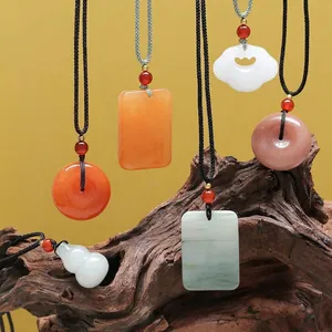 Collier Pendentif en Jade Naturelle Corde Tressée à la Main Style Chinois Boucle Pingan Pierre Agate Plaque Wushi Bijoux