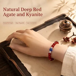 Natürliches Dunkelrotes Achat Kyanit Armband Für Damen Neu-Chinesischer Stil Handgefertigtes Edelstein Einstrang Perlenarmband Schmuck Geschenk