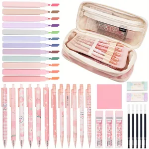 Complete aesthetic stationery set with pink pencil case, peach pens and highlighters