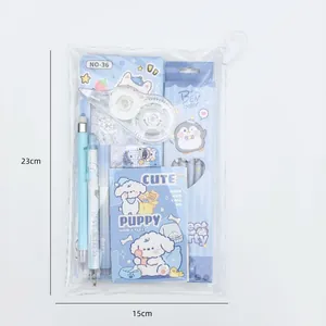 Gedetailleerd overzicht van blauwe puppy briefpapier cadeauset in zak 23x15cm