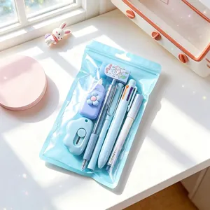 Close-up of cute pastel blue stationery set in a transparent zipper pouch on desk