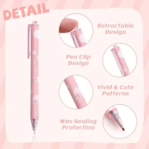 Detailed view of pink retractable gel pen featuring cute patterns and a wax sealed tip