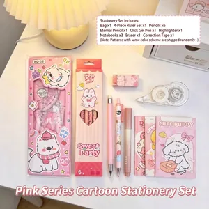 Gedetailleerde weergave van roze cartoon briefpapier set met pennen en schriften.