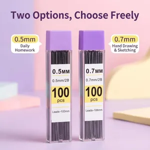 Detailed macro view of 0.5mm and 0.7mm mechanical pencil lead refills in 100-piece containers