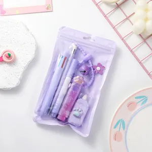 Cute purple themed cat paw stationery set for students including pens and correction tape