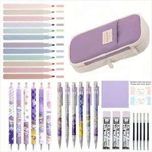 Comprehensive stationery set with purple pencil case, pastel highlighters, and cute gel pens