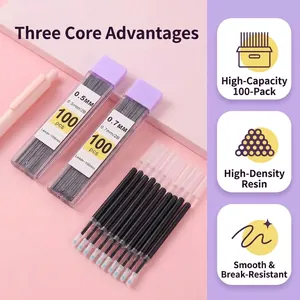 Detailed view of 0.5mm and 0.7mm mechanical pencil leads with black gel pen refills