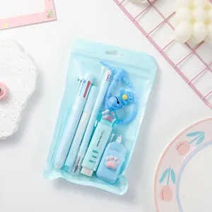 Cute cat paw stationery set with multi-color pen and eraser in a blue zip pouch