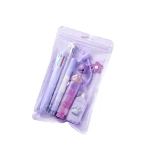 Cute purple stationery set featuring cat paw designs in a matching transparent zip bag