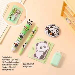 Detalle del set de papelería de panda con bolígrafos, pegatinas y notas adhesivas