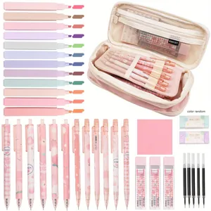 Aesthetic Stationery Set Large Capacity Pencil Case Macaron Colors Highlighter Gel Pen Automatic Pencil Lead Eraser Notes School Supplies Gifts For Students