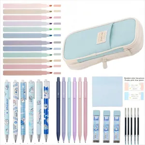 Comprehensive pastel stationery set with highlighters, pens, and a large blue pencil case.