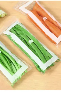 Detail of long reusable food storage bags with double zip seal for fresh vegetables