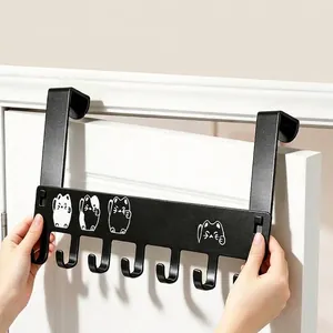 Black over-the-door hook rack with cartoon cat design, 6 hooks, no-drill install