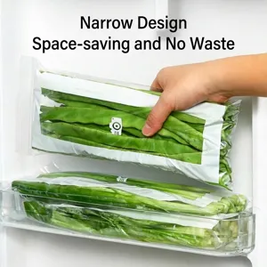 Clear long narrow plastic food storage ziplock bags placed inside a refrigerator