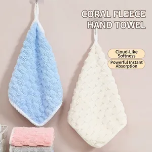 Soft Coral Fleece Hanging Hand Towel Cloud Pattern Highly Absorbent Quick Dry Polyester Dish Cloth For Kitchen Bathroom Home