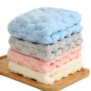 Absorbent cloud-textured coral fleece hand towels for kitchen use, set of 4 colors