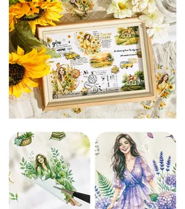 Detail shot of vintage floral journal stickers featuring watercolor girls and sunflowers