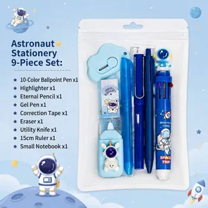 Astronaut themed 9-piece stationery set with pens, ruler, and eraser in a clear bag