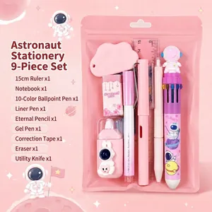 9-piece cute pink astronaut stationery gift set for students in a zip bag