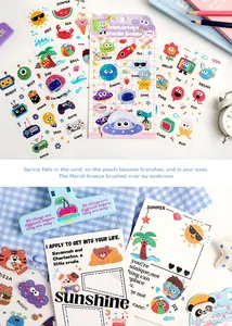 Close-up of colorful cartoon stickers with themes like space, robots, and summer