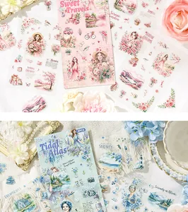 Close-up detail of vintage floral and feminine character sticker sheets for journaling.