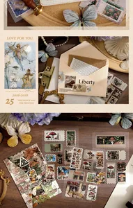 Detailed macro view of vintage mushroom and fairy stickers featuring gold foil accents.