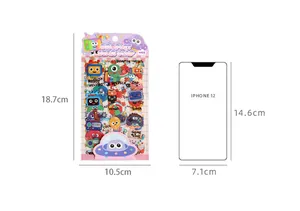 Product dimensions showing 18.7cm length for cartoon PET stickers with iPhone 12 reference.