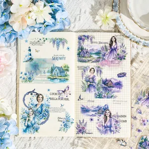 Vintage floral and girl journaling stickers in watercolor blue and purple aesthetic
