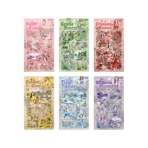 Vintage floral scrapbook sticker set with six themed packs for DIY journal decoration