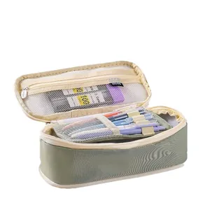 Large capacity sage green canvas pencil case organizer with mesh pockets and colorful pens