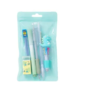 Cute dinosaur stationery set includes pens eraser and pencil lead in blue bag