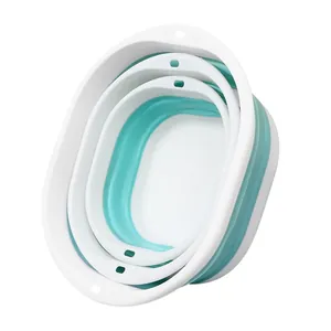 Set of 3 portable foldable washbasins for travel and home use in blue and white colors