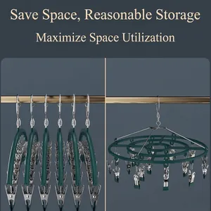 Space-saving folding drying rack with metal clips for socks and underwear storage.
