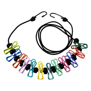 Portable travel clothesline with 12 colorful windproof clips and hooks for outdoor drying