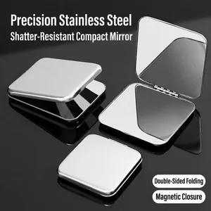 Portable square stainless steel double-sided folding compact mirror with magnetic closure