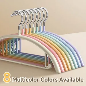 Set of 8 colorful non-slip seamless clothes hangers for household use with metal hooks