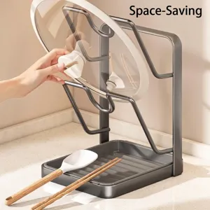 Minimalist dark grey vertical kitchen lid organizer and spoon rest with drip tray