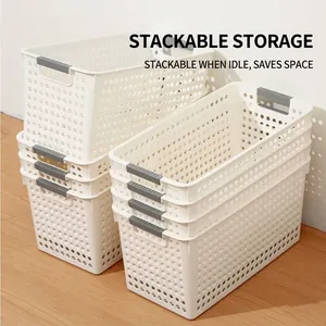 Stackable white hollow plastic storage baskets with grey handles for home organization