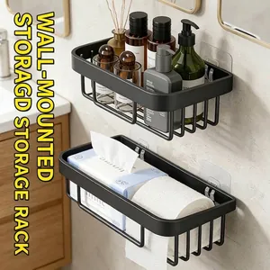 Black wall-mounted no-drill bathroom storage rack set for toiletries and paper