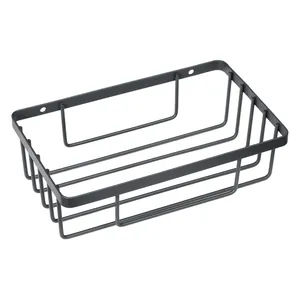 Wall-mounted black metal wire storage basket for bathroom toilet paper and accessories.