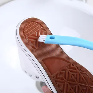 Double-headed long handle shoe cleaning brush with soft white bristles in blue color