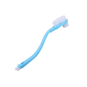 Blue double-headed shoe brush with long handle and hanging hole for cleaning