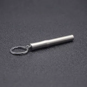 Durable silver titanium alloy toothpick holder tube with integrated keychain ring