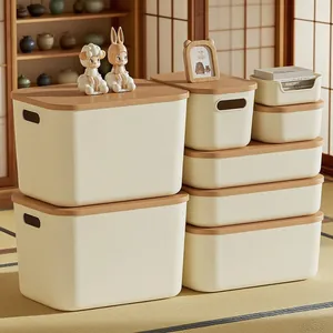 Stackable cream white rectangular storage box set with wooden lids for home organization
