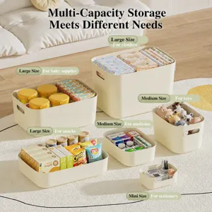 Versatile cream-colored rectangular plastic storage bins in multiple sizes for home organization