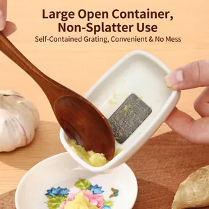 Multifunctional manual garlic and ginger grater tool with white ceramic container and spoon