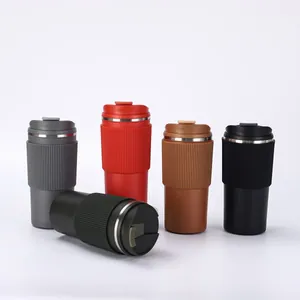 Set of multi-colored insulated stainless steel coffee mugs with textured silicone sleeves